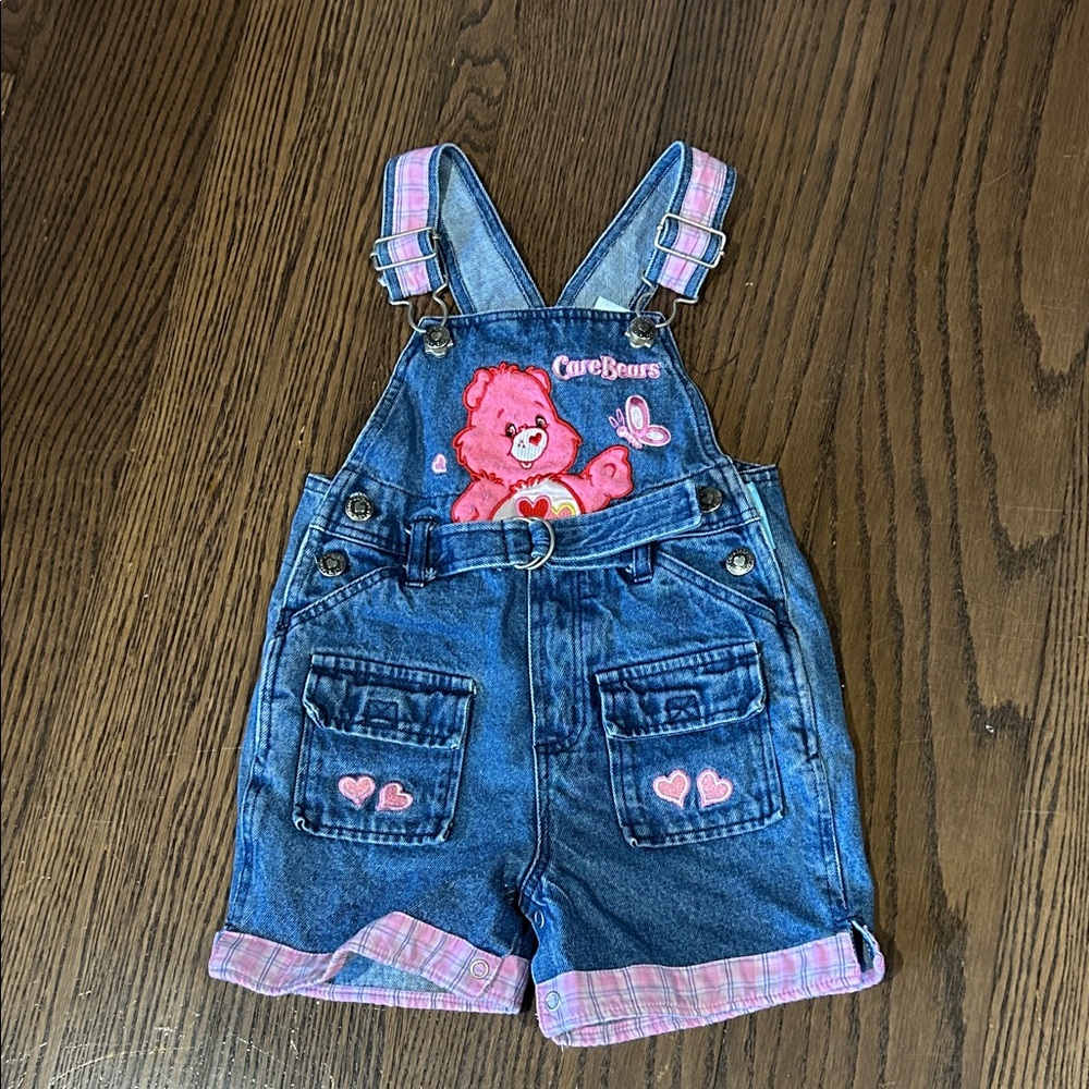 Vtg Care Bears Pink & Blue Denim overalls  with Heart Embroidery logo 18 mo